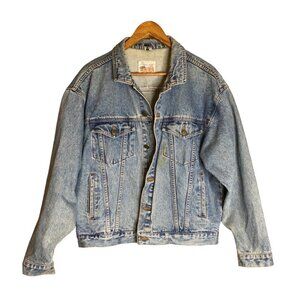 Mens Vintage Denim Jean Jacket Button Front Collared Trucker Pockets Blue Large